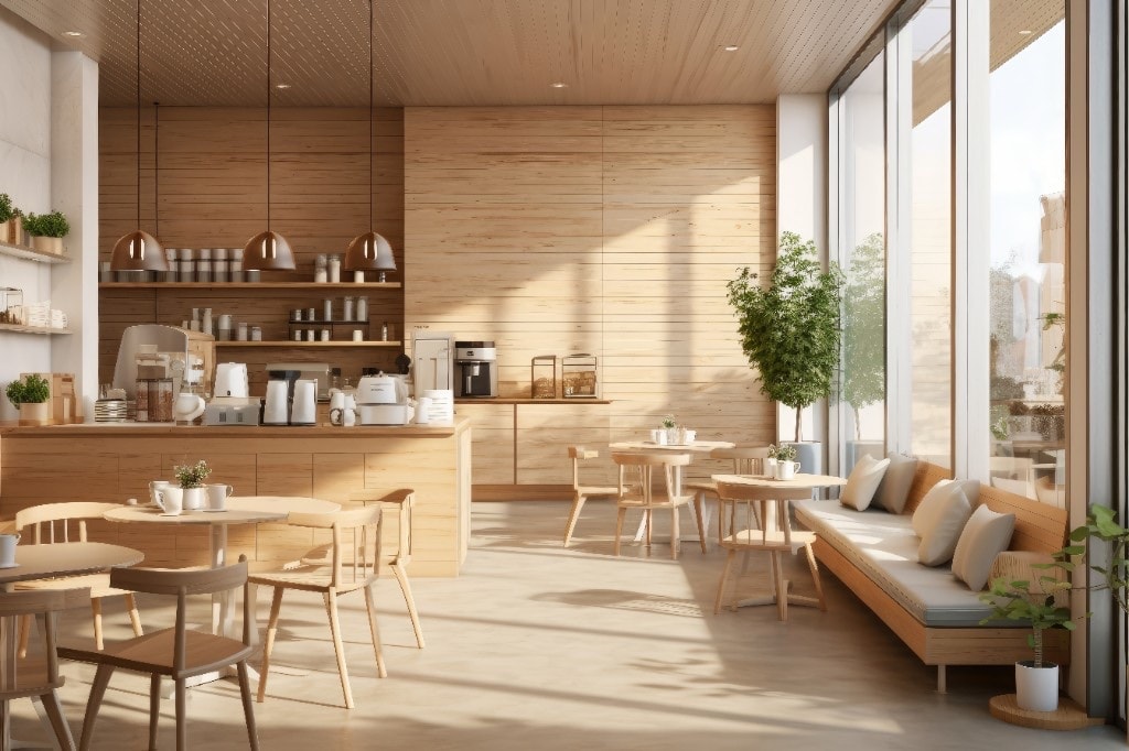 Bright wood-lined café with seating by the window