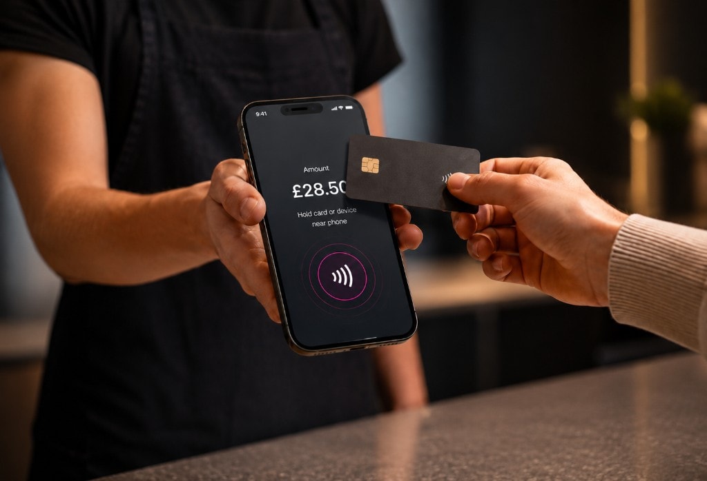 Customer tapping a black card on a phone showing Alvyn Tap to Pay